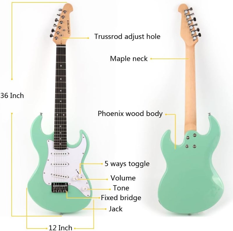 demusea Short Scale 36 Inch 3/4 Electric Mini Guitar Trans Green Color for Beginner Starter Travel Portable Practic With Gig Bag And Strap Phoenix Body Maple Neck - Image 2